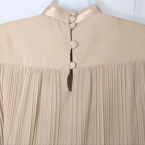 VINTAGE Pleated Midi trapeze Dress with high neck Beige neutral tone Small @L - Picture 2 of 12